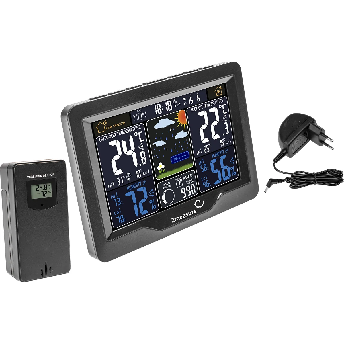 Meteorologická stanica RCC, DCF – elektronická, podsvietená, bezdrôtová, senzor, čierna