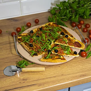 Kameň na pizzu s držadlom a nožom, z kordieritu, okrúhly 33 cm – photo 14