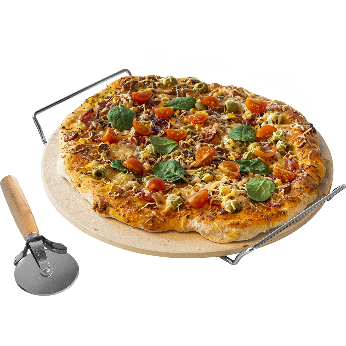 Kameň na pizzu s držadlom a nožom, z kordieritu, okrúhly 33 cm