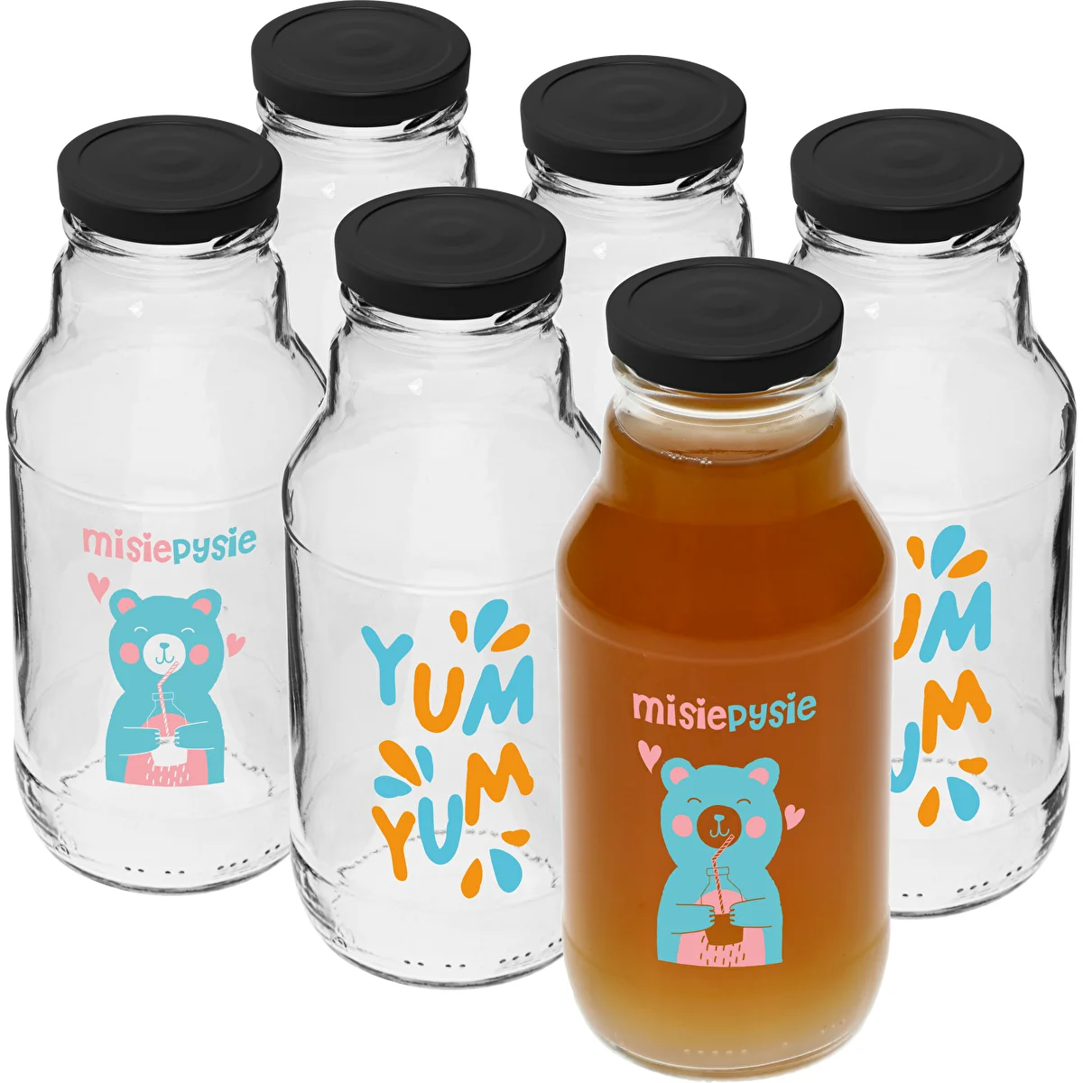 Fľaša twist off 330 ml so skrutkovacím uzáverom fi43 a farebnou potlačou - 6 ks.