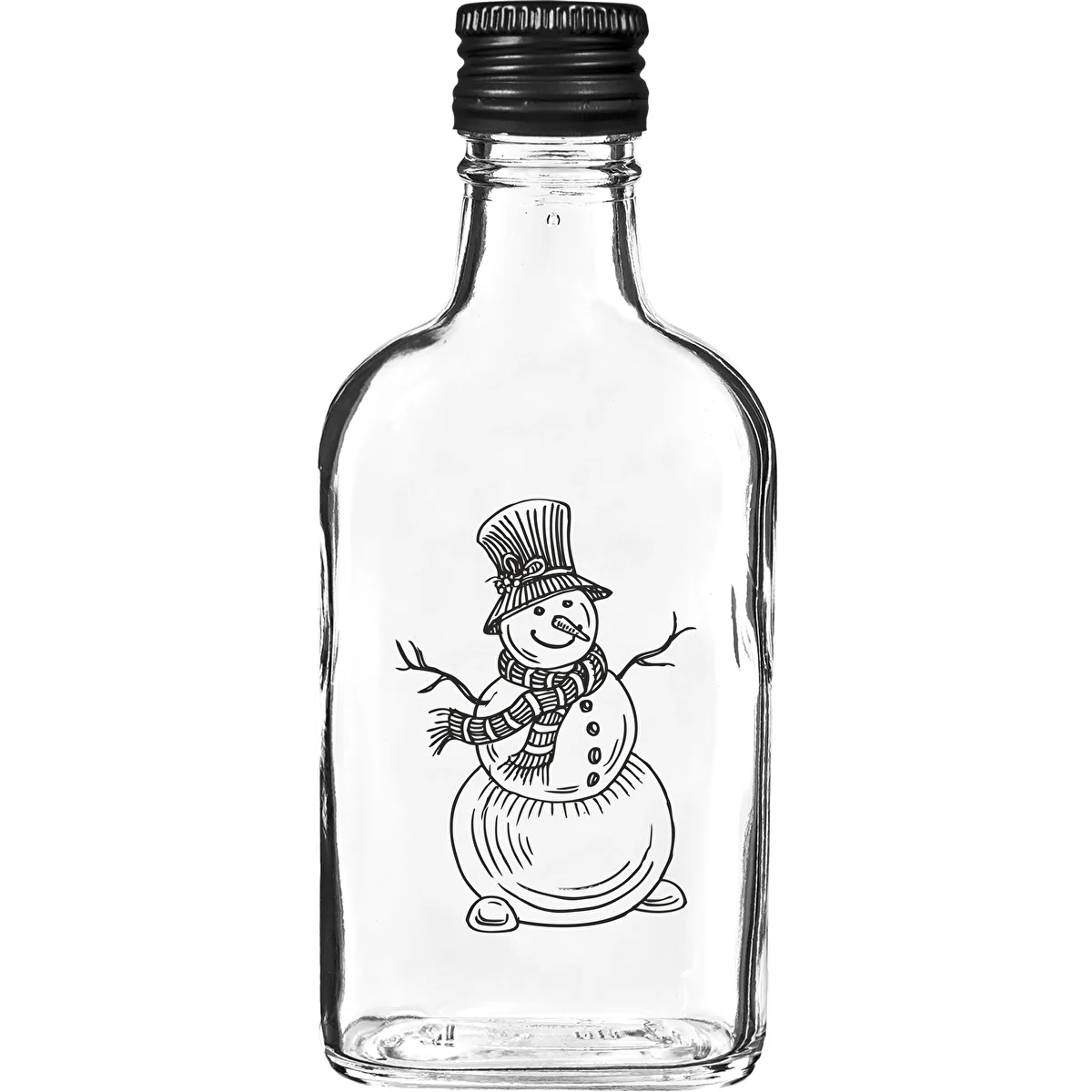 Fľaša ploskačka 200 ml so skrutkovacím uzáverom, potlač „Snehuliak“, 1 ks.