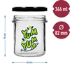 Jednoduchý pohár 346ml fi 82 s farebnou potlačou "Yum Yum" a čiernym viečkom, 3 ks. - 6 ['pohár s potlačou', ' poháre na zaváraniny', ' ozdobné poháre', ' pohár s nápisom', ' ozdobný pohár', ' poháre na džemy', ' sklenený pohár s viečkom', ' pohár na zaváraniny s viečkom']