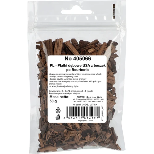 Americké dubové vločky, silne opražené, z bourbonových sudov, 50 g - 2 ['dubové vločky', ' vločky z bourbonových sudov', ' vločky z bourbonových sudov', ' aromatizácia nápojov', ' domáce nápoje v štýle bourbonu', ' dubové vločky usa', ' dubové vločky bourbon', ' silne opražené vločky', ' aromatizujúce vločky do whiskey', ' aromatické vločky do brandy']