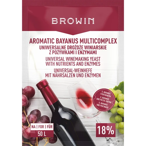 Aromatic Bayanus Multicomplex štartovacia sada na víno, 40 g  - 1 ['kvasnice bayanus', ' bayanusy', ' vinárske kvasnice', ' víno 18%', ' kvasnice +živná pôda', ' na ovocné vína', ' na 50 l vína', ' recept na víno', ' fermentácia v dreni', ' silné víno', ' pektoenzým']