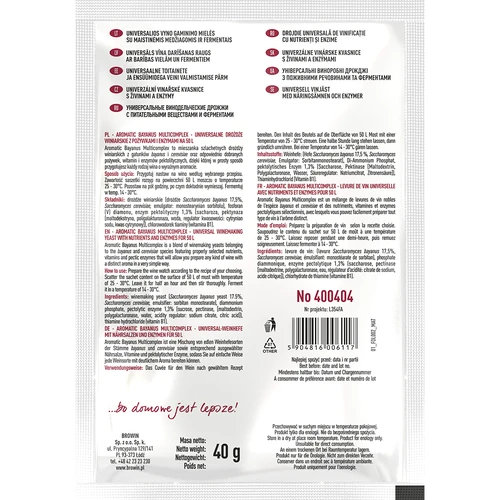 Aromatic Bayanus Multicomplex štartovacia sada na víno, 40 g - 2 ['kvasnice bayanus', ' bayanusy', ' vinárske kvasnice', ' víno 18%', ' kvasnice +živná pôda', ' na ovocné vína', ' na 50 l vína', ' recept na víno', ' fermentácia v dreni', ' silné víno', ' pektoenzým']