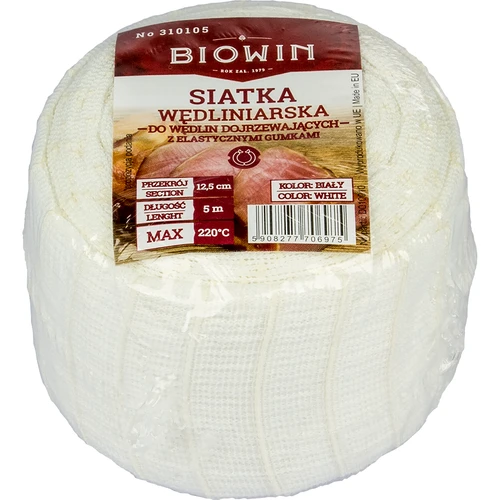 Biela údenárska sieťka s rozmermi 12,5 cm x 5 m, s tepelnou odolnosťou do 220°C - 3 ['sieťka na údeniny', ' sieťka na pečenie mäsa', ' sieťka na údenie mäsa', ' sieťka na nakladanie mäsa', ' na údeniny s dlhým zrením', ' sieťka na šunku', ' sieťka na bôčik']