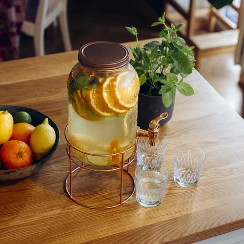 Dóza s kohútikom 3,8 L na stojane - 10 ['dóza s kohútikom', ' dóza na limonádu', ' dóza na punč', ' dóza na nápoje', ' dávkovač nápojov', ' na oslavy', ' na podávanie nápojov', ' sklenená dóza s kohútikom', ' dóza na stojane', ' pohár s kohútikom']