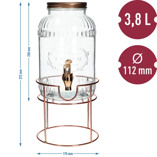 Dóza s kohútikom 3,8 L na stojane - 6 ['dóza s kohútikom', ' dóza na limonádu', ' dóza na punč', ' dóza na nápoje', ' dávkovač nápojov', ' na oslavy', ' na podávanie nápojov', ' sklenená dóza s kohútikom', ' dóza na stojane', ' pohár s kohútikom']