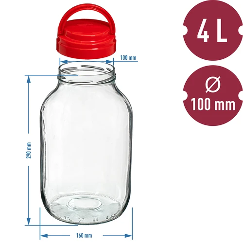 Dóza TO 4 L a viečko fi 100 s držadlom - 6 ['dóza', ' sklenená dóza', ' sklenený pohár', ' pohár s viečkom', ' pohár na kvasenie uhoriek', ' pohár na uhorky', ' pohár na likéry', ' dóza na likéry', ' pohár s kliešťami', ' kliešte na uhorky', ' kuchynské kliešte']