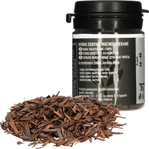 Dubové vločky silno opekané, 20g - 4 ['dubové chipsy', ' dubové chipsy silno opekané', ' dubové vločky', ' do alkoholu', ' prísady do alkoholu', ' príchute', ' dubové vločky pražené', ' dubové chipsy silno pražené', ' aromatizácia vín', ' aromatizácia pív', ' aromatizácia alkoholu', ' do bourbona', ' do brandy', ' do koňaku']