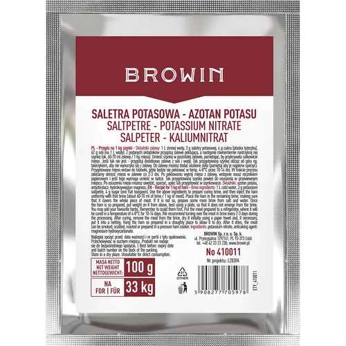 Dusičnan draselný na nakladanie mäsa, 100 g  - 1 ['na nakladanie mäsa', ' na bravčové mäso', ' na hovädzie mäso', ' na teľacie mäso', ' na nakladanie šunky', ' na konzervovanie mäsa', ' na predĺženie trvanlivosti mäsa', ' black weekend']