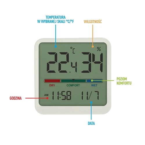 Elektronický izbový teplomer, biely - 7 ['elektronický teplomer', ' teplomer s hodinami a dátumom', ' teplomer s vlhkomerom', ' meranie vlhkosti v miestnosti', ' merač komfortu', ' teplomer s indikátorom komfortu', ' multifunkčný teplomer', ' teplomer do interiéru', ' vnútorný teplomer', ' bezdrôtový teplomer', ' elektronický teplomer na stenu', ' meteorologická stanica', ' meteorologická stanica']