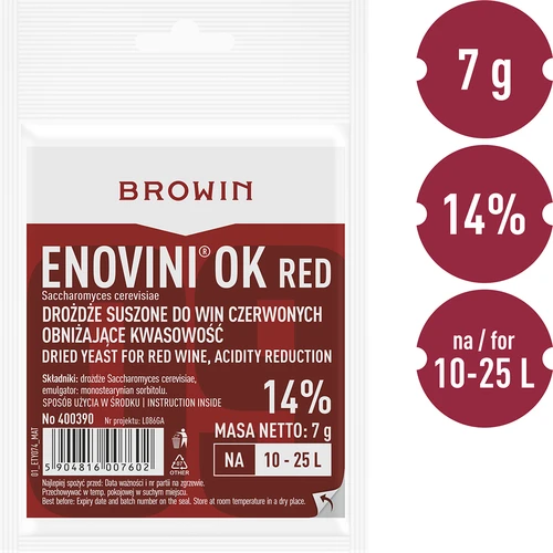Enovini® OK RED - vinárske kvasnice znižujúce kyslosť 7 g - 4 ['kvasnice na tmavé hrozno', ' kvasnice na čerešne', ' víno z čerešní', ' víno z hrozna', ' kvasnice znižujúce kyslosť', ' kvasnice na červené vína', ' sušené kvasnice', ' domáce víno', ' kvasnice redukujúce kyslosť', ' kvasnice Enovini', ' vinárske kvasnice Browin']