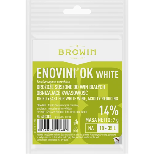 Enovini® OK WHITE - vínne kvasnice znižujúce kyslosť 7 g  - 1 ['kvasnice na jablká', ' kvasnice na biele hrozno', ' víno z jabĺk', ' víno z hrozna', ' kvasnice znižujúce kyslosť', ' kvasnice na biele vína', ' sušené kvasnice', ' domáce víno', ' kvasnice redukujúce kyslosť']