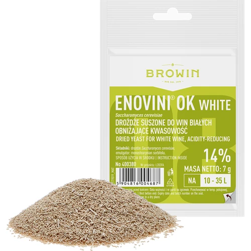 Enovini® OK WHITE - vínne kvasnice znižujúce kyslosť 7 g - 2 ['kvasnice na jablká', ' kvasnice na biele hrozno', ' víno z jabĺk', ' víno z hrozna', ' kvasnice znižujúce kyslosť', ' kvasnice na biele vína', ' sušené kvasnice', ' domáce víno', ' kvasnice redukujúce kyslosť']