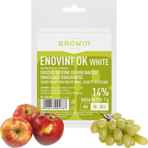 Enovini® OK WHITE - vínne kvasnice znižujúce kyslosť 7 g - 3 ['kvasnice na jablká', ' kvasnice na biele hrozno', ' víno z jabĺk', ' víno z hrozna', ' kvasnice znižujúce kyslosť', ' kvasnice na biele vína', ' sušené kvasnice', ' domáce víno', ' kvasnice redukujúce kyslosť']