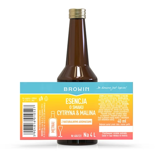 Esencia s citrónovo-malinovou príchuťou - 40 ml, na 4L - 4 ['prípravok do alkoholu', ' aróma do alkoholu', ' aróma do vodky', ' chuťová esencia', ' aróma do likérov', ' prípravok do likéru', ' esencia s prírodnou arómou', ' malinovo-citrónová aróma', ' prírodná esencia do alkoholu', ' esencie', ' esencie do pálenky', ' esencia malina a citrón']