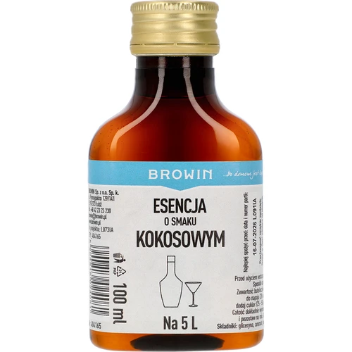 Esencia s kokosovou príchuťou, na 5 L - 100 ml  - 1 ['prípravok do alkoholu', ' aróma do vodky', ' do alkoholu', ' chuťová esencia do alkoholu', ' chuťová esencia do vodky', ' kokosový prípravok', ' kokosová esencia', ' chuťová esencia kokos', ' esencie do pálenky', ' esencia gold']