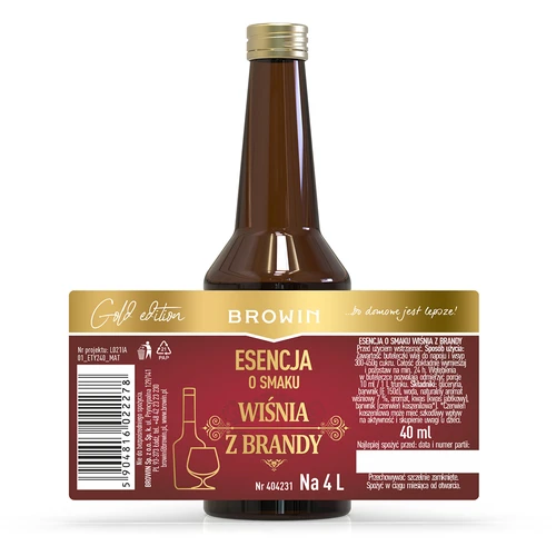 Esencia s príchuťou Čerešňa s brandy, 40 ml - na 4 L - 4 ['prípravok do alkoholu', ' aróma do vodky', ' do alkoholu', ' chuťová esencia do alkoholu', ' chuťová esencia do vodky', ' prípravok čerešňa s brandy', ' esencia čerešňa s brandy', ' čerešňová esencia', ' chuťová esencia brandy', ' esencie do pálenky', ' esencia gold', ' esencia s arómou čerešne s brandy', ' esencie prípravky browin']
