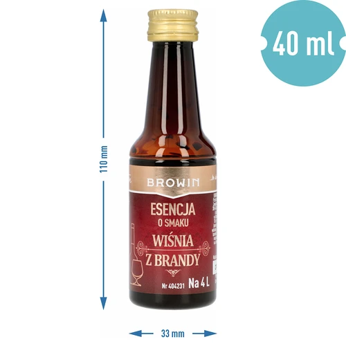 Esencia s príchuťou Čerešňa s brandy, 40 ml - na 4 L - 6 ['prípravok do alkoholu', ' aróma do vodky', ' do alkoholu', ' chuťová esencia do alkoholu', ' chuťová esencia do vodky', ' prípravok čerešňa s brandy', ' esencia čerešňa s brandy', ' čerešňová esencia', ' chuťová esencia brandy', ' esencie do pálenky', ' esencia gold', ' esencia s arómou čerešne s brandy', ' esencie prípravky browin']