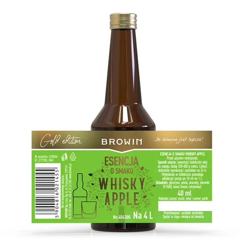 Esencia s príchuťou Whisky Apple - 40 ml, na 4L - 4 ['prípravok do alkoholu', ' aróma do alkoholu', ' aróma do vodky', ' chuťová esencia', ' aróma do whisky', ' whisky', ' esencia s prírodnou arómou', ' aróma whisky', ' whisky s jablkovou šťavou', ' esencie', ' esencie do pálenky', ' esencia gold']