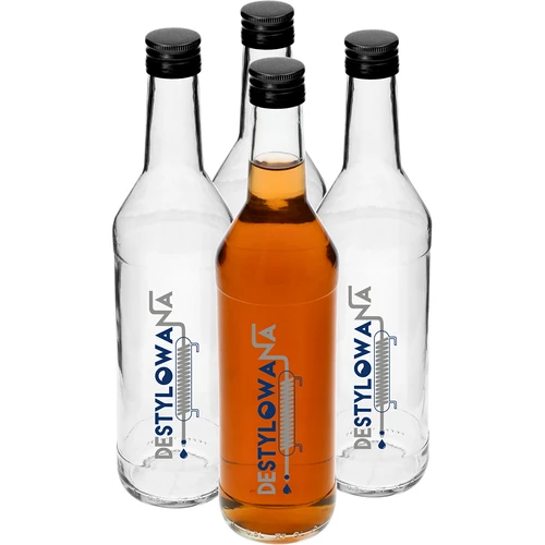 Fľaša 0,5 L s uzáverom a potlačou Destilovaná - 4 ks.  - 1 ['fľaša', ' fľaše', ' fľaše s potlačou', ' fľaša na pálenku', ' fľaša na alkohol', ' fľaša s potlačou', ' sklenená fľaša s potlačou a uzáverom', ' fľaše 500 ml s korkom', ' fľaše na korok', ' súprava na svadbu', ' fľaša na domáci alkohol', ' fľaša na darček', '']