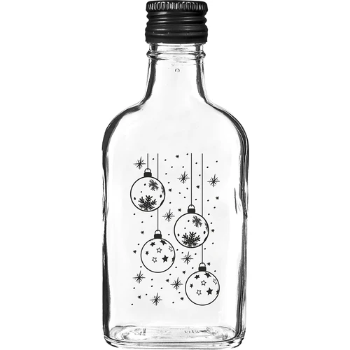Sklenená fľaša – ploskačka 200 ml so skrutkovacím uzáverom, potlač „Vianočné ozdoby“, 1 ks