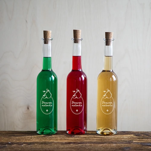 Fľaša 350 ml s korkom, potlač Domáci likér - 10 ['na likér', ' domáci likér', ' višňovka', ' duly', ' arónia', ' fľaša na alkohol', ' domáce alkoholy', ' fľaša s potlačou']