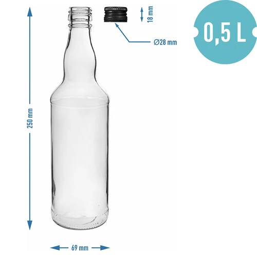 Fľaša 500 ml na vodku, s čiernym skrutkovacím uzáverom, 6 ks - 5
