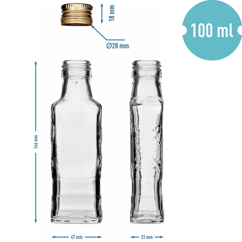 Fľaša Flora 100 ml so skrutkovacím uzáverom fi28, 8 ks. - 7 ['fľaša na likér', ' fľaše na likér', ' fľaša na alkohol', ' ozdobné fľaše na alkohol', ' sklenená fľaša na alkohol', ' fľaše na pálenku na svadbu', ' fľaša na likér', ' ozdobné fľaše', ' fľaša na vodku', ' fľaša na vodku.']