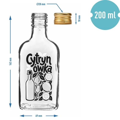 Fľaša ploskačka 200 ml so skrutkovacím uzáverom a potlačou „Cytrynówka”, vzor 1 - 4