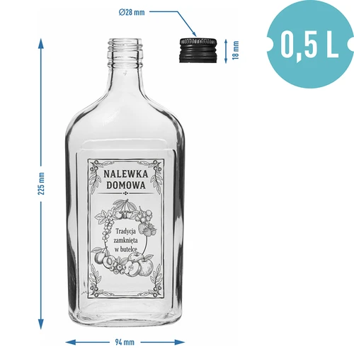 Fľaša ploskačka 500 ml so skrutkovacím uzáverom, potlač „Nalewka domowa”, 1 ks. - 4