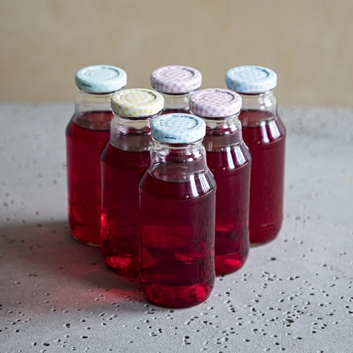 Fľaša TO na džús 330 ml s uzáverom fi 43 - 6 ks. - 6 ['fľaša na džús', ' fľaša 330 ml', ' fľaša Kubuś', ' fľaša na pretlak', ' fľaša na sirup', ' uzáver TO', ' uzáver s klikom', ' farebné uzávery', ' sada fliaš s uzávermi', ' na pasterizáciu']