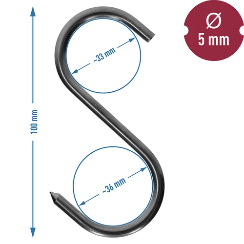 Háčiky na údenie - S, ostrené, 5mm x 100mm - 5 ['háčik na údenie', ' háčik na údenie mäsa', ' háčik na údenie údenín', ' háčik na údeniny', ' údiace háčiky', ' nerezové háčiky', ' údiace háčiky S', ' sada háčikov', ' háčiky do udiarne', ' háčiky na sušenie údenín', ' háčiky na syry', ' klasické háčiky']