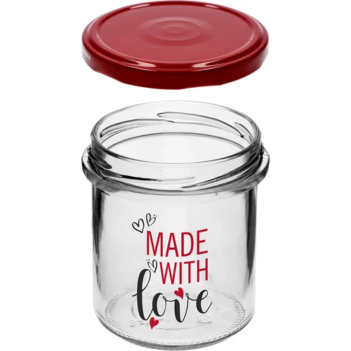 Jednoduchý pohár 346ml fi 82 s farebnou potlačou "Made With Love" a bordovým viečkom, 3 ks. - 5 ['pohár s potlačou', ' poháre na zaváraniny', ' ozdobné poháre', ' pohár s nápisom', ' ozdobný pohár', ' poháre na džemy', ' sklenený pohár s viečkom', ' pohár na zaváraniny s viečkom', ' pohár TO', ' pohár twist-off']