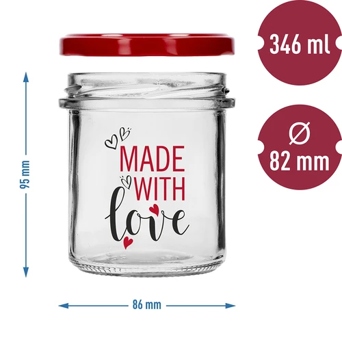 Jednoduchý pohár 346ml fi 82 s farebnou potlačou "Made With Love" a bordovým viečkom, 3 ks. - 6 ['pohár s potlačou', ' poháre na zaváraniny', ' ozdobné poháre', ' pohár s nápisom', ' ozdobný pohár', ' poháre na džemy', ' sklenený pohár s viečkom', ' pohár na zaváraniny s viečkom', ' pohár TO', ' pohár twist-off']