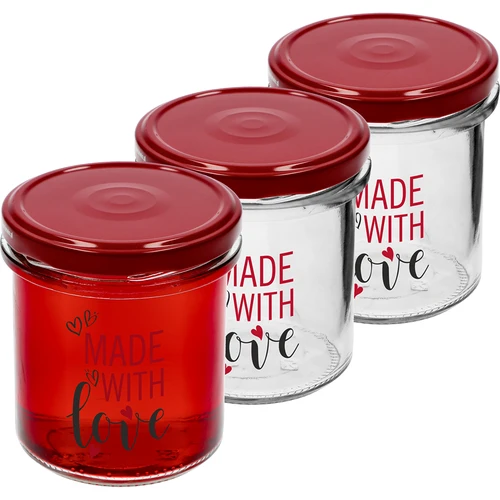 Jednoduchý pohár 346ml fi 82 s farebnou potlačou "Made With Love" a bordovým viečkom, 3 ks.  - 1 ['pohár s potlačou', ' poháre na zaváraniny', ' ozdobné poháre', ' pohár s nápisom', ' ozdobný pohár', ' poháre na džemy', ' sklenený pohár s viečkom', ' pohár na zaváraniny s viečkom', ' pohár TO', ' pohár twist-off']