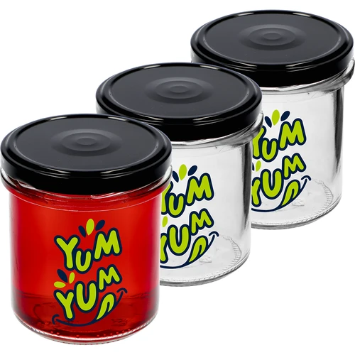 Jednoduchý pohár 346ml fi 82 s farebnou potlačou "Yum Yum" a čiernym viečkom, 3 ks.  - 1 ['pohár s potlačou', ' poháre na zaváraniny', ' ozdobné poháre', ' pohár s nápisom', ' ozdobný pohár', ' poháre na džemy', ' sklenený pohár s viečkom', ' pohár na zaváraniny s viečkom']