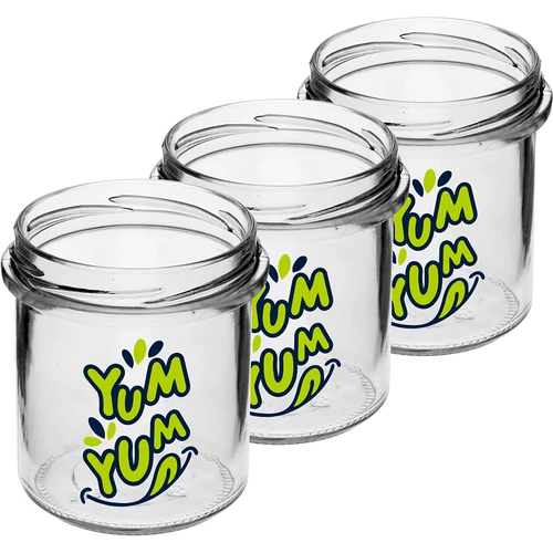 Jednoduchý pohár 346ml fi 82 s farebnou potlačou "Yum Yum" a čiernym viečkom, 3 ks. - 3 ['pohár s potlačou', ' poháre na zaváraniny', ' ozdobné poháre', ' pohár s nápisom', ' ozdobný pohár', ' poháre na džemy', ' sklenený pohár s viečkom', ' pohár na zaváraniny s viečkom']