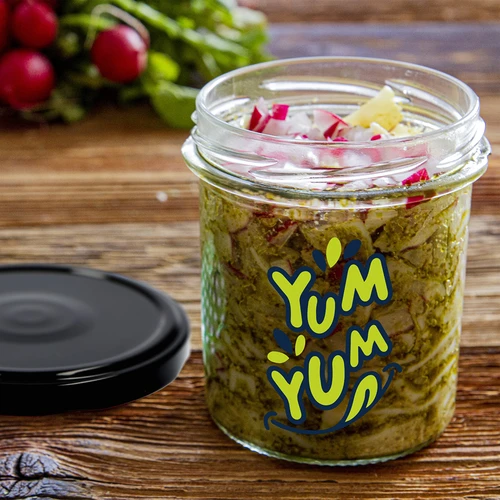 Jednoduchý pohár 346ml fi 82 s farebnou potlačou "Yum Yum" a čiernym viečkom, 3 ks. - 8 ['pohár s potlačou', ' poháre na zaváraniny', ' ozdobné poháre', ' pohár s nápisom', ' ozdobný pohár', ' poháre na džemy', ' sklenený pohár s viečkom', ' pohár na zaváraniny s viečkom']