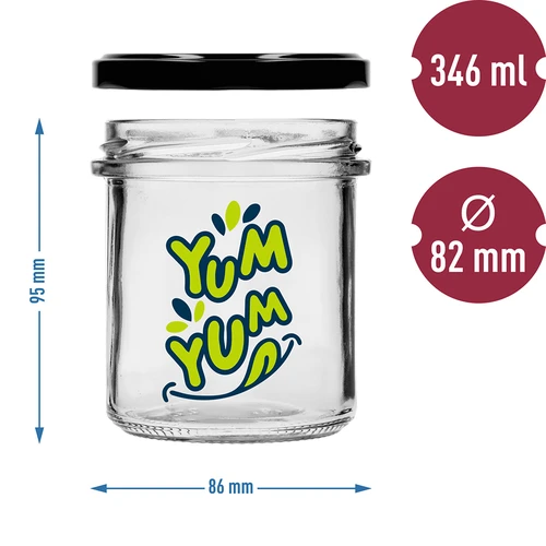 Jednoduchý pohár 346ml fi 82 s farebnou potlačou "Yum Yum" a čiernym viečkom, 3 ks. - 6 ['pohár s potlačou', ' poháre na zaváraniny', ' ozdobné poháre', ' pohár s nápisom', ' ozdobný pohár', ' poháre na džemy', ' sklenený pohár s viečkom', ' pohár na zaváraniny s viečkom']