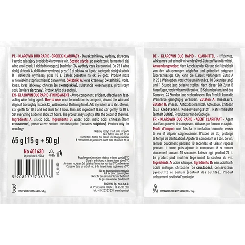 Klarowin Duo Rapid - chitozán + kremičitý prostriedok, 65 g - 2 ['klarowin', ' na čírenie vín', ' číriaci prostriedok', ' prostriedok na zakalenie vo víne', ' chitozán na čírenie', ' kremičitý prostriedok na čírenie', ' číriaci prostriedok 24 h']