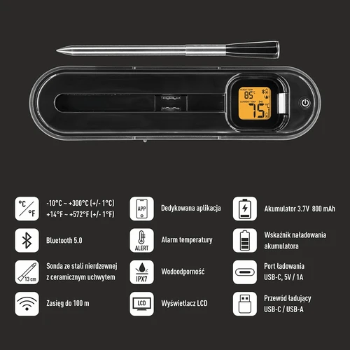 Kuchynský teplomer s bezdrôtovou sondou Bluetooth - 6 ['kuchynský teplomer', ' teplomer na potraviny', ' na varenie', ' na údenie', ' na pečenie', ' teplomer na mäso', ' na grilovanie', ' teplomer s bezdrôtovou sondou a bluetooth', ' inovatívny kuchynský teplomer', ' teplomer na koláče', ' presný teplomer s bluetooth', ' univerzálny teplomer', ' najlepší kuchynský teplomer', ' teplomer so sondou', ' teplomer s aplikáciou', ' nápad na darček', ' ako pohodlne kontrolovať teplotu jedál', ' odporúčaný kuchynský teplomer']