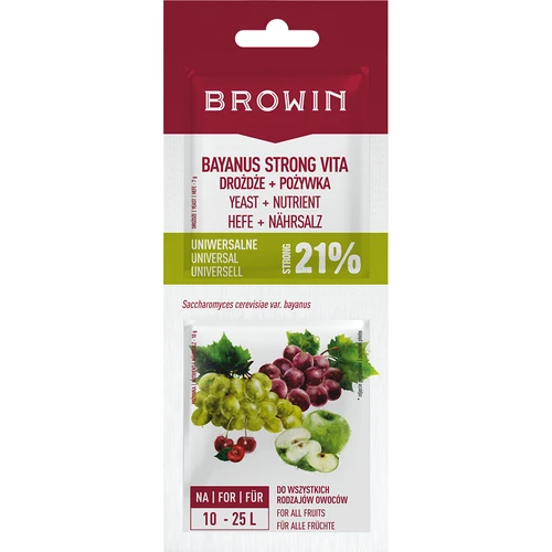 Kvasnice Bayanus + výživa - Univerzálne - 21%, 17 g  - 1 ['vínne kvasnice', ' kvasnice Bayanus', ' na červené víno', ' na biele víno', ' na hroznové víno', ' na ružové víno', ' výživa pre kvasnice', ' na ovocné víno', ' silné víno', ' 21%']