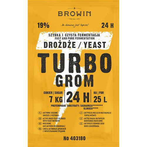 Kvasnice na destiláty Turbo Grom 24h - 2 ['kvasnice na alkohol', ' kvasnice na lieh', ' kvasnice na pálenku', ' kvasnice na samohon', ' kvasnice na mesačný svit', ' pálenka', ' samohon', ' mesačný svit', ' rýchla fermentácia']