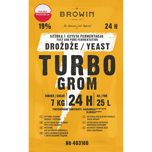 Kvasnice na destiláty Turbo Grom 24h  - 1 ['kvasnice na alkohol', ' kvasnice na lieh', ' kvasnice na pálenku', ' kvasnice na samohon', ' kvasnice na mesačný svit', ' pálenka', ' samohon', ' mesačný svit', ' rýchla fermentácia']