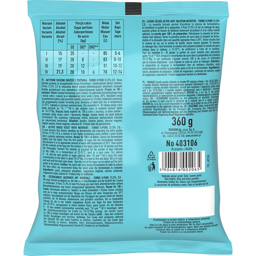 Kvasnice Turbo X-Pure 21,3%, 100L - 2 ['kvasnice liehovarnícke', ' kvasnice na alkohol', ' kvasnice Turbo Pure', ' kvasnice 21%', ' kvasnice s vysokým obsahom alkoholu', ' na samohon', ' na bimber', ' kvasnice liehovarnícke 100 L', ' kvasnice na sto litrov', ' čistá fermentácia', ' efektívna fermentácia', ' 100 l zápary', '']