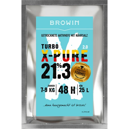 Kvasnice Turbo X-Pure 21,3 %, 48 h, 25 L  - 1 ['kvasnice liehovarnícke', ' kvasnice na alkohol', ' turbo kvasnice', ' kvasnice pure', ' kvasnice 21', '3%', ' kvasnice na pálenku', ' na samohon', ' kvasnice liehovarnícke na 25 L', ' nastavenie 25 L', ' čistá fermentácia', ' cukrovky', ' na vysokopercentné nastavenia', ' na nastavenia z cukru', ' vysoký percent alkoholu', ' destilácia', ' nad 21%', ' rýchla fermentácia', ' kvasnice Browin', ' kvasnice 21%', ' kvasnice alco', ' kvasnice alko', ' kvasnice silné', ' čistá fermentácia']