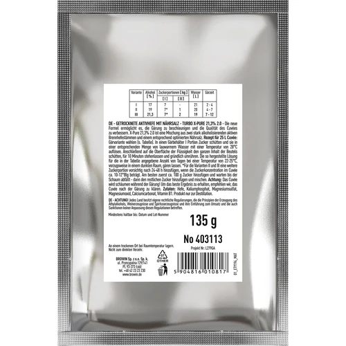 Kvasnice Turbo X-Pure 21,3 %, 48 h, 25 L - 2 ['kvasnice liehovarnícke', ' kvasnice na alkohol', ' turbo kvasnice', ' kvasnice pure', ' kvasnice 21', '3%', ' kvasnice na pálenku', ' na samohon', ' kvasnice liehovarnícke na 25 L', ' nastavenie 25 L', ' čistá fermentácia', ' cukrovky', ' na vysokopercentné nastavenia', ' na nastavenia z cukru', ' vysoký percent alkoholu', ' destilácia', ' nad 21%', ' rýchla fermentácia', ' kvasnice Browin', ' kvasnice 21%', ' kvasnice alco', ' kvasnice alko', ' kvasnice silné', ' čistá fermentácia']