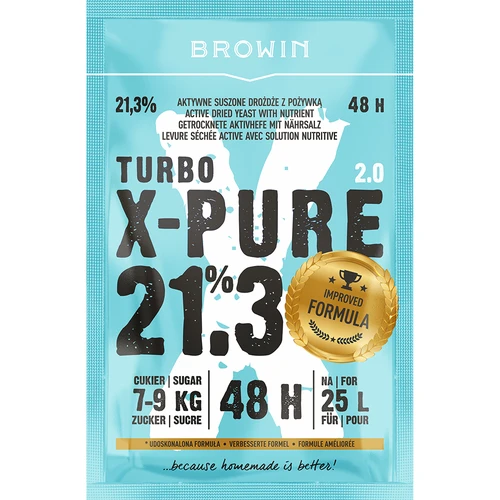 Kvasnice Turbo X-Pure 21,3% 48h, 25 L  - 1 ['kvasnice liehovarnícke', ' cukrové', ' na vysokopercentné kvasenie', ' na cukrové kvasenie', ' na ovocné kvasenie', ' na obilné kvasenie', ' vysoký percent alkoholu', ' turbo kvasnice', ' destilácia', ' viac ako 21%', ' rýchla fermentácia', ' kvasnice Browin', ' na pálenku', ' kvasnice 21%', ' kvasnice pure', ' kvasnice alco', ' kvasnice alko', ' silné kvasnice']